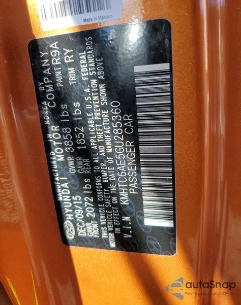 2016 Hyundai Veloster Turbo из США, поврежденный, VIN KMHTC6AE5GU285360